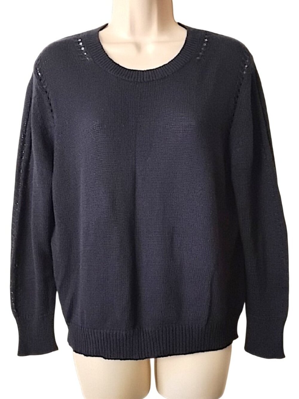Autumn Cashmere Cotton Pointelle Sweater M Dark Navy 3/4 Sleeves
